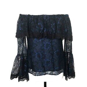 WHITE HOUSE BLACK MARKET Off The Shoulder Lace Top Size 6P Black and Blue EUC